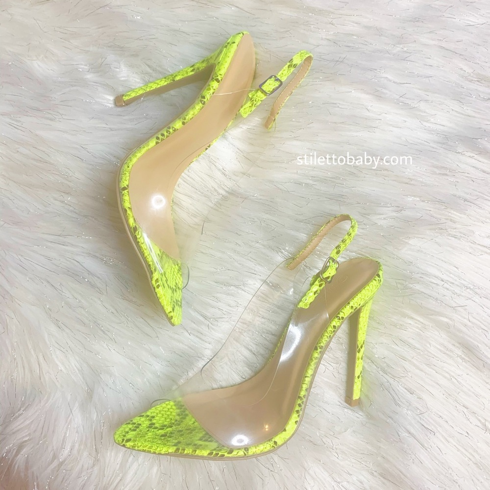 NEW CLEAR NEON YELLOW GREEN SNAKE HIGH HEELS POINTED STRAP PEEP TOE WOMENS CUTE